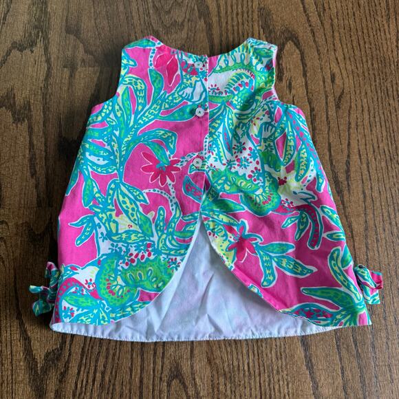 Lilly Pulitzer Baby Dress Size 6-12M Scallop Trim Pink Green Palm Leaf Floral - Picture 2 of 7